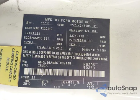 2012 Ford Transit Connect Xl z USA, uszkodzony, nr VIN NM0LS6AN8CT089448